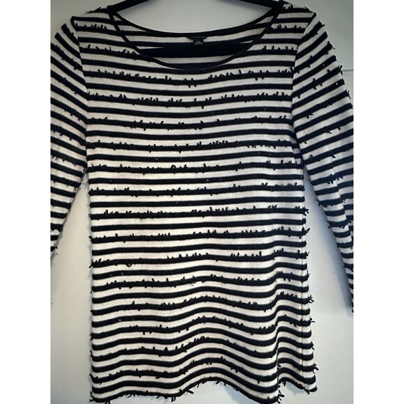 Ann Taylor Womens Knit Sweater Size XS Black White Striped Scoop Neck Sequins - Picture 6 of 9